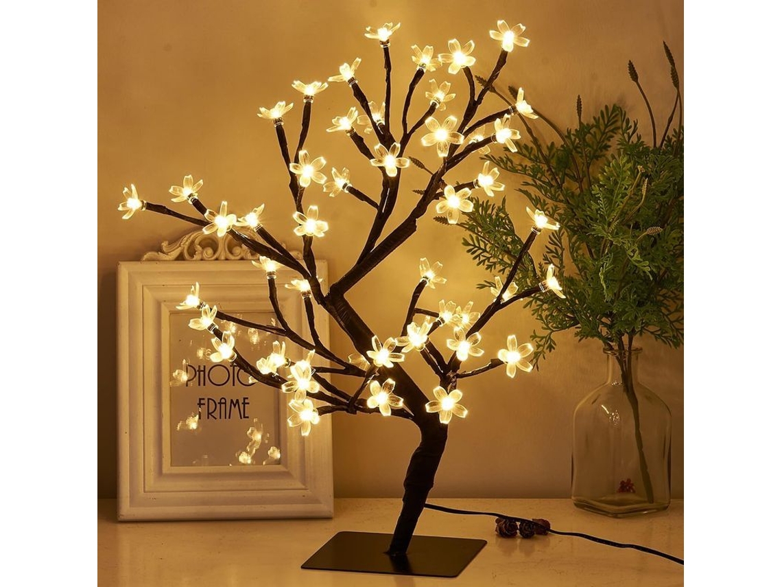 Árbol De Cerezo Iluminado De 50 Cm Con 48 Luces Blancas Cálidas, Bonsái Para Decoración Navideña De Interiores.