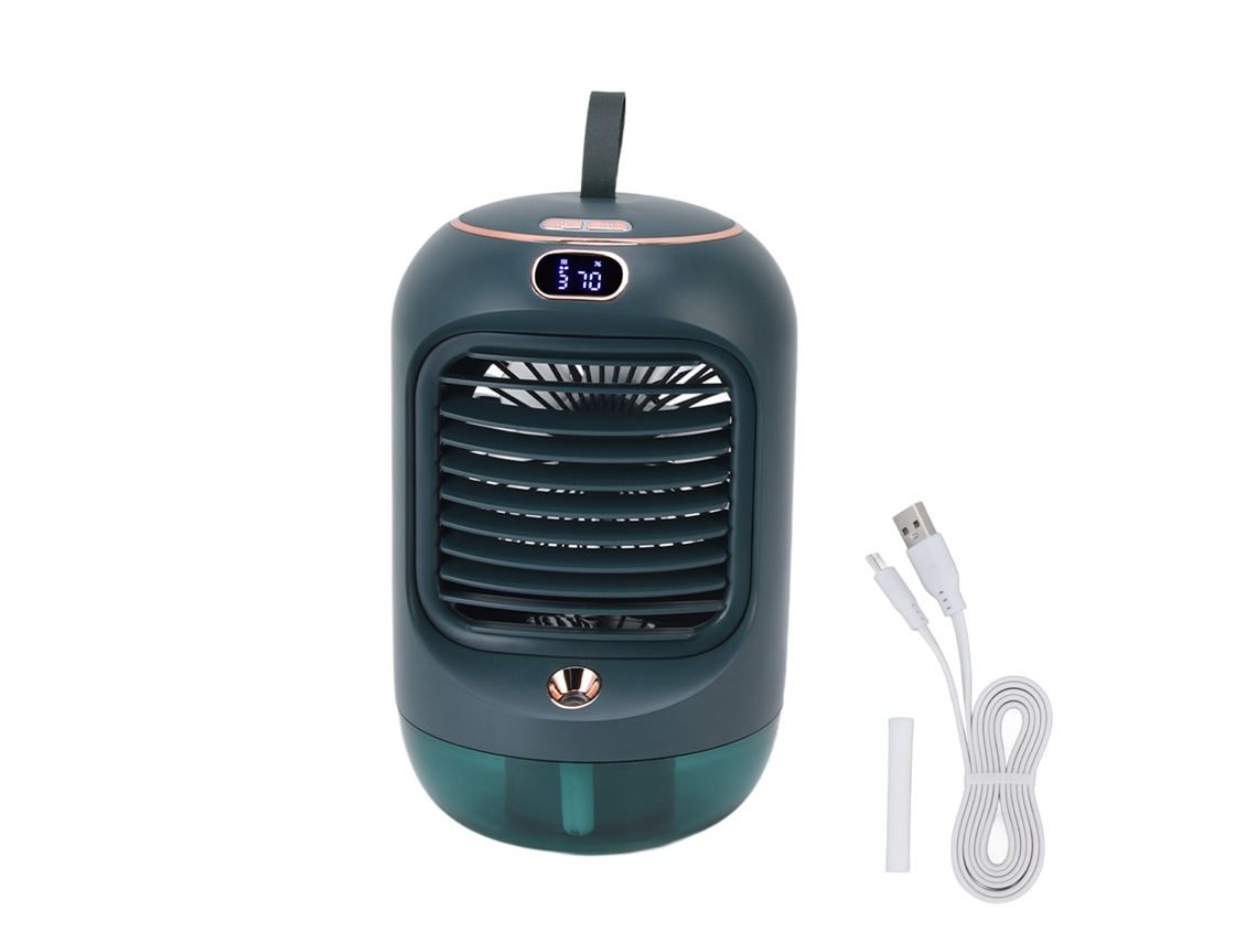 Ventilador portátil con humidificador y luz nocturna verde.