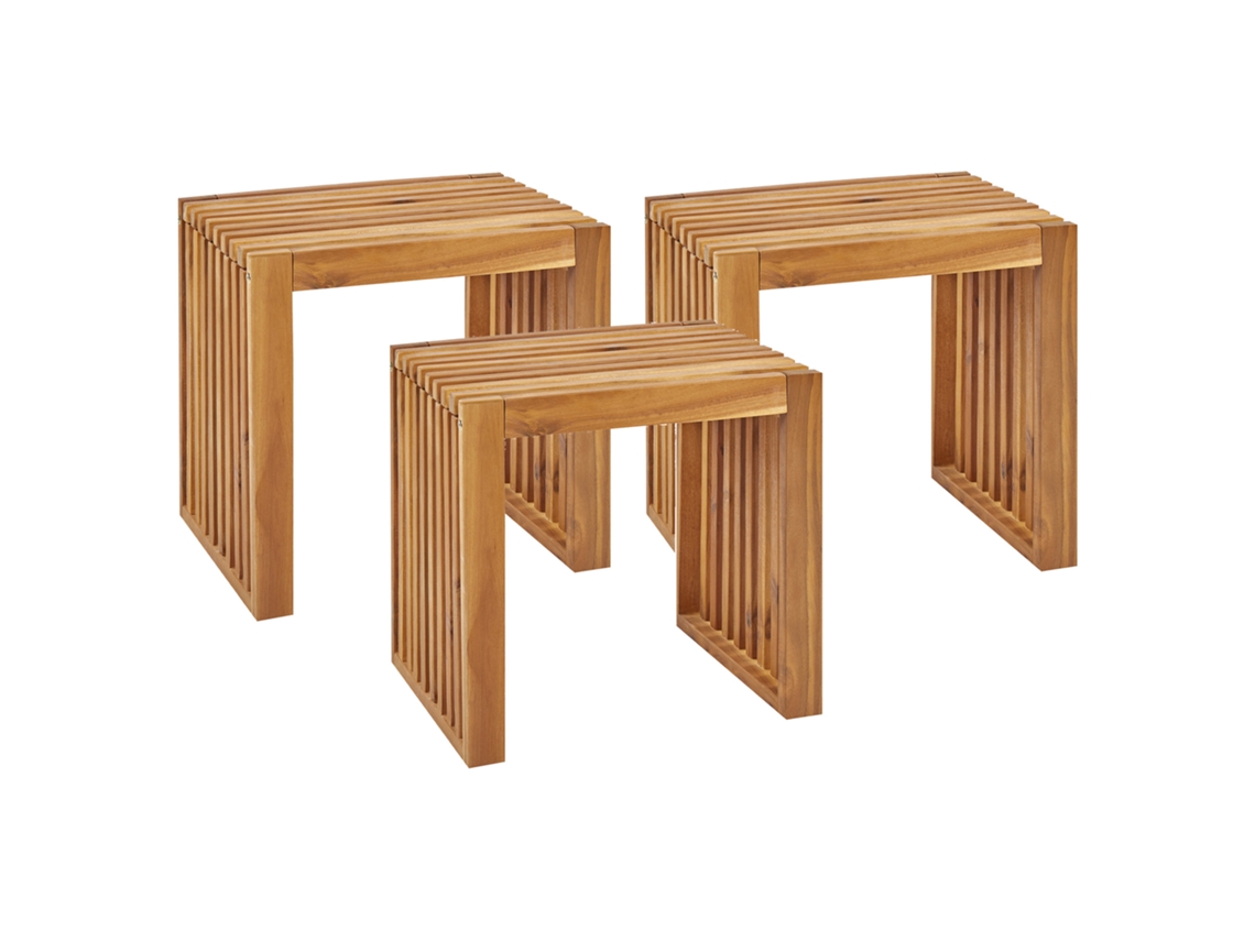Conjunto De 3 Tamboretes De Jardim Beliani Bellano De Madeira De Acácia Castanho 45x35x43