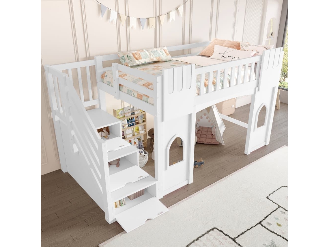 Cama Alta 90x200 - Con Escalera Con Almacenamiento Y Ventana - Blanco