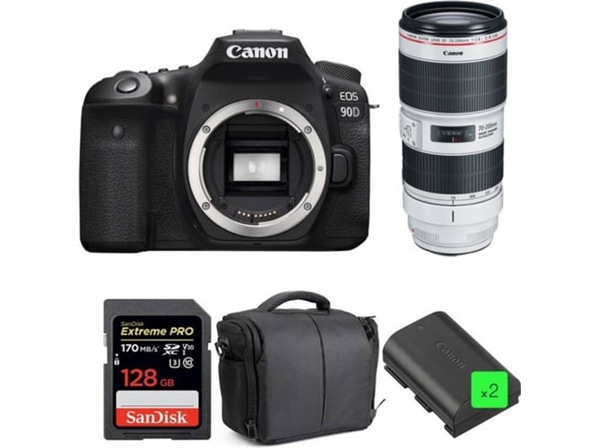 Kit Cámara Réflex CANON EOS 90D + EF 70-200mm f/2.8L IS III USM + SanDisk 128GB + 2 LP-E6N + Bolsa