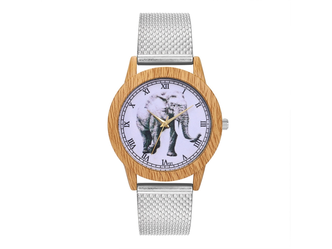 Reloj De Pulsera Unisex De Cuarzo, Con Estampado De Elefante, Escala Romana Y Brazalete De Malla Plateada.