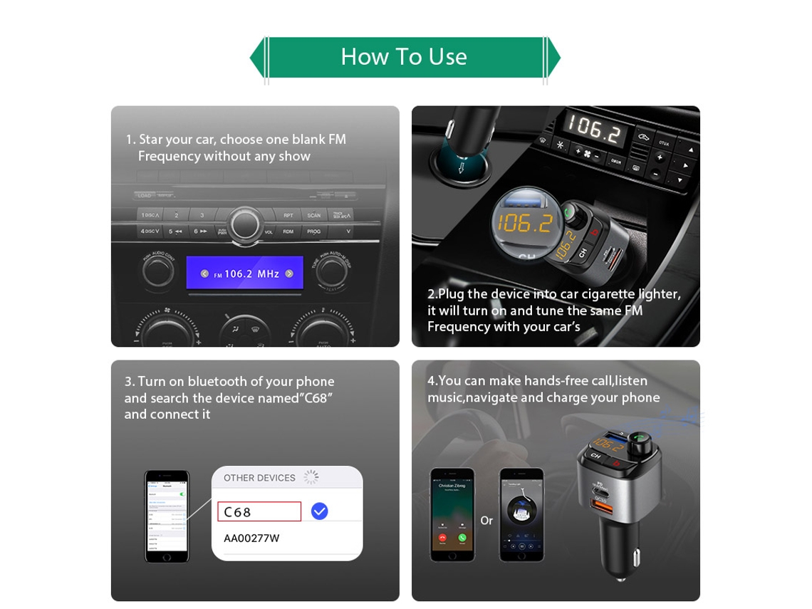 Transmisor Fm Bluetooth 5 Carga Rápida Qc3 Manos Libres Auto
