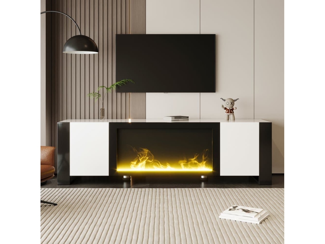 Mueble Tv Con Chimenea Eléctrica - Efecto De Llama, Sin Función De Calefacción, Alto Brillo - Blanco+negro