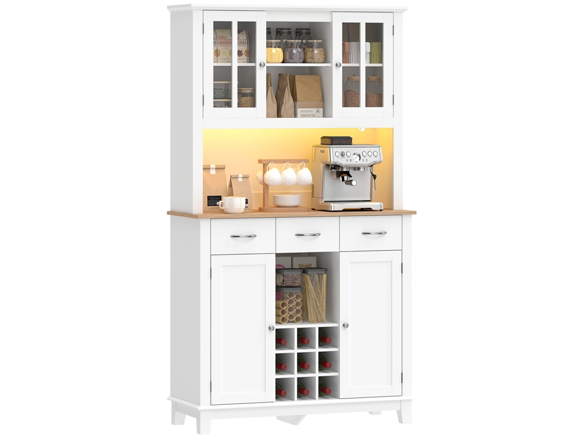 Mueble De Cocina Con Iluminación Led Para Acceder Al Microondas Y Puertas De Cristal Blanco.