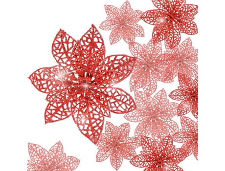 24 piezas de adorno de árbol de Navidad con purpurina Poinsettia, adorno de decoración de flores de Navidad, rojo