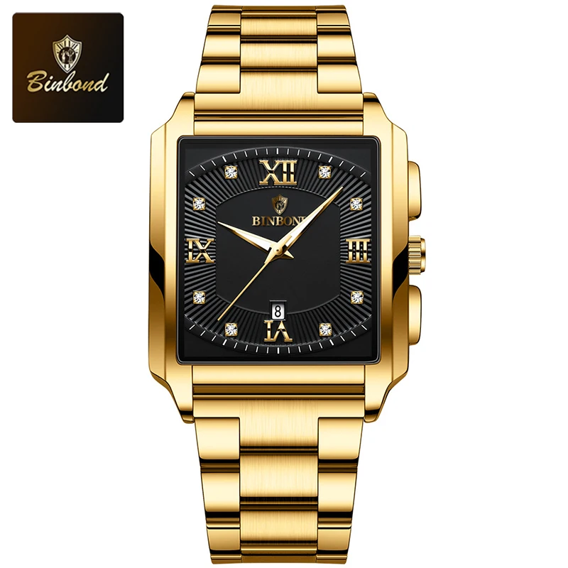Reloj De Cuarzo Para Hombre (dorado Y Negro), Esfera Cuadrada, Manecillas Luminosas, Indicador De Fecha, Acero Inoxidable Resistente Al Agua.