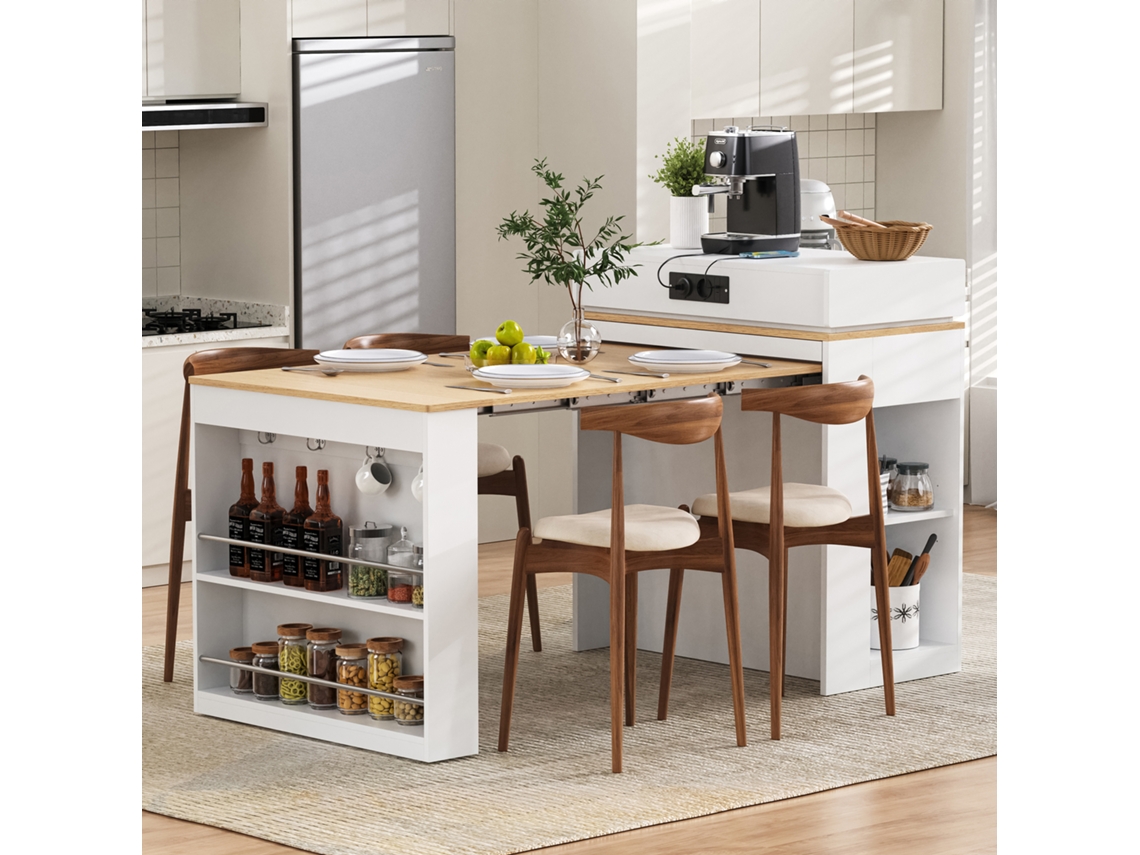 Isla de cocina con ruedas, mesa extensible con tablero plegable, barra con enchufes y ganchos.