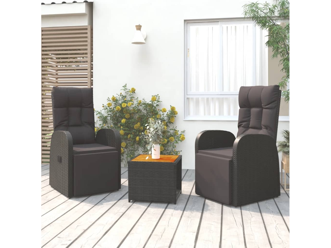 Conjunto de jardín de 3 piezas en mimbre macizo de acacia, negro, DKD Home Decor