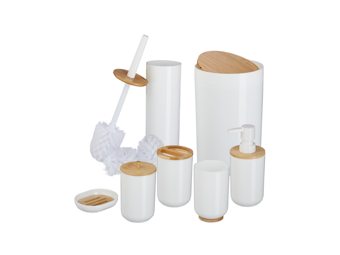 Relaxdays Set Accesorios Baño, Juego Completo Utensilios 7 Piezas, Conjunto Wc, Plástico Y Bambú, Color A Elegir