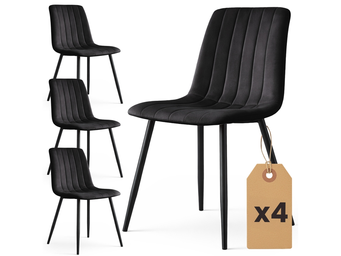 Set De 4 Sillas De Terciopelo Acolchadas Livo Negro Patas Negras