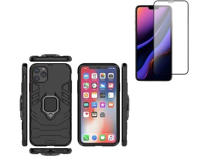Kit Funda y Protector de Cristal 5D Full Cover iPhone 11 Pro Military Defender 3x1 Negro