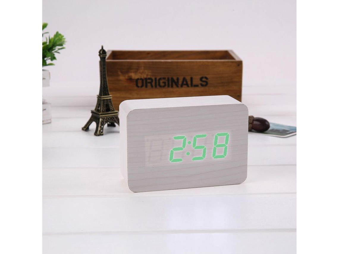 2026-reloj Despertador Digital Led Con Carga Usb, Temperatura, 3 Alarmas, 2 Modos Y 3 Ajustes De Brillo (madera Blanca Y Luz Verde)