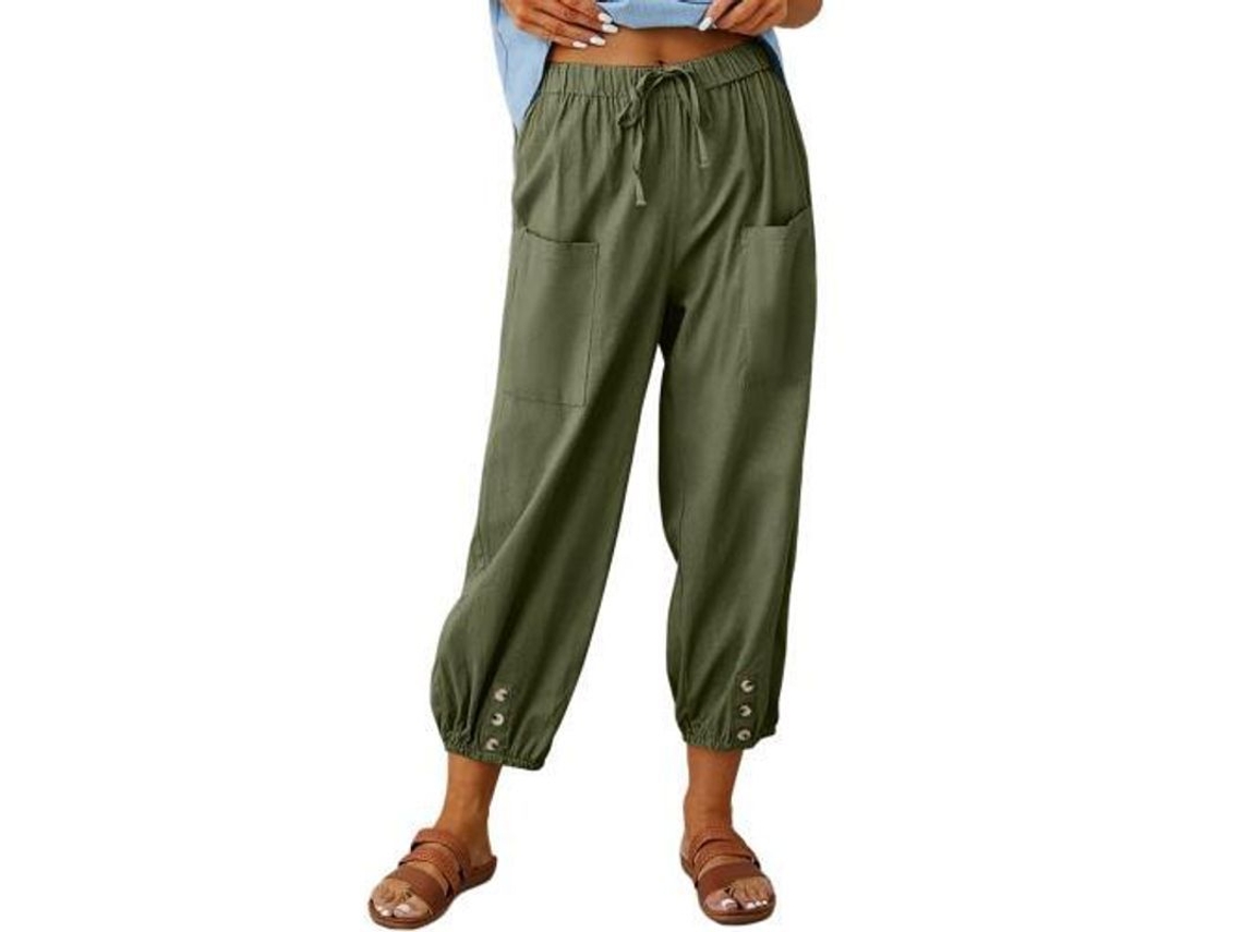 2026-pantalones Para Mujer Holgados De Lino Con Bolsillos Verano Pantalones Tobilleros Xl Verde