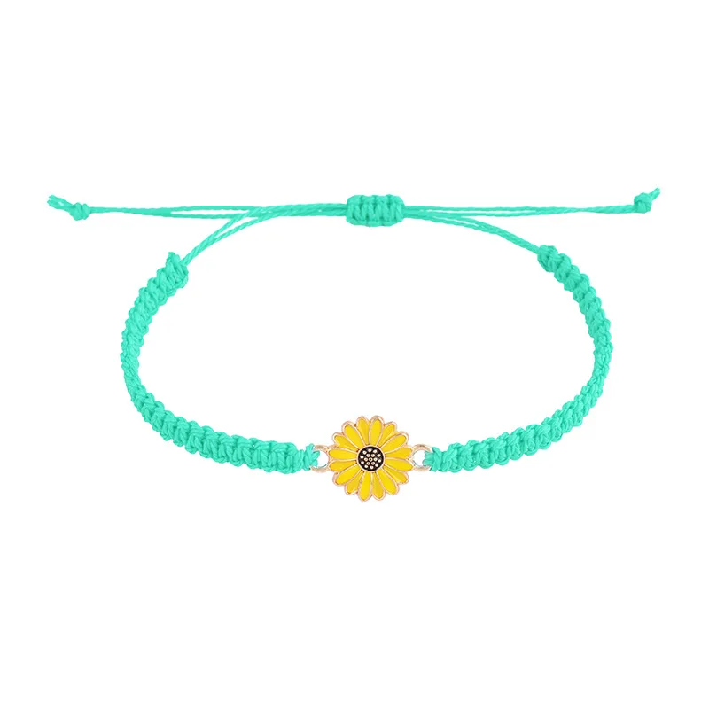 Pulsera De Girasoles Y Margaritas A La Moda (verde Menta), Tejida A Mano Con Hilo Encerado. Pulsera De La Suerte.