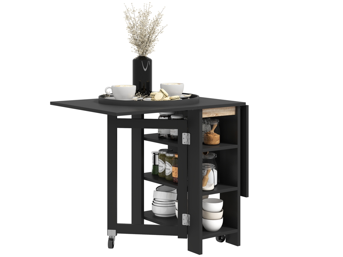 Mesa De Cocina Plegable Con Extensiones, Ruedas Y Estantes, 120x60x75cm, Color Negro.