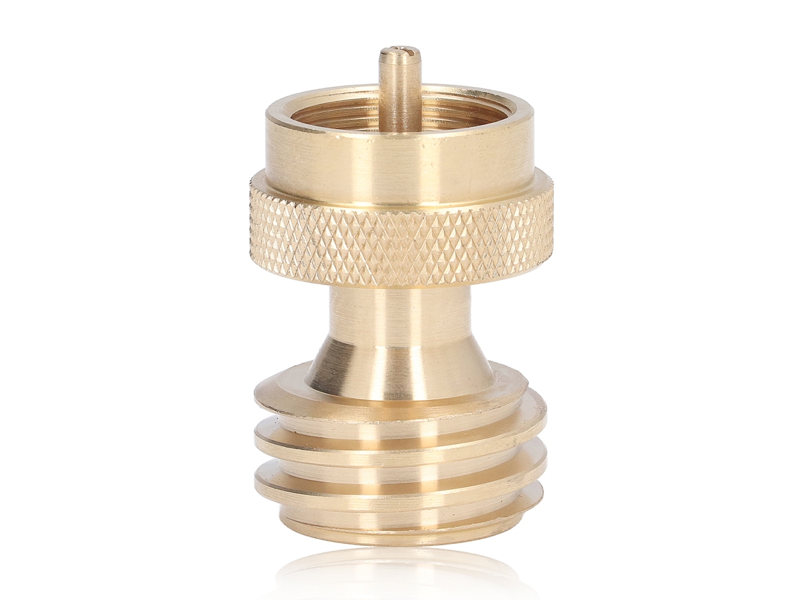 Adaptador pequeño de latón para tanque de propano con convertidor de válvula de recarga para camping.