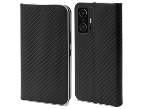 Funda Cartera MOOZY para Xiaomi 11T y 11T Pro Carbono Negro – Funda Abatible con Diseño de Borde Metálico Cierre Magnético Funda Abatible con Sopor...
