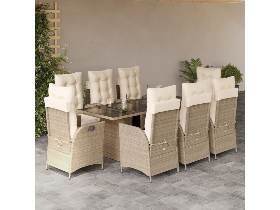 Juego de comedor de jardín de 9 piezas con cojines, mimbre sintético beige, DKD Home Decor