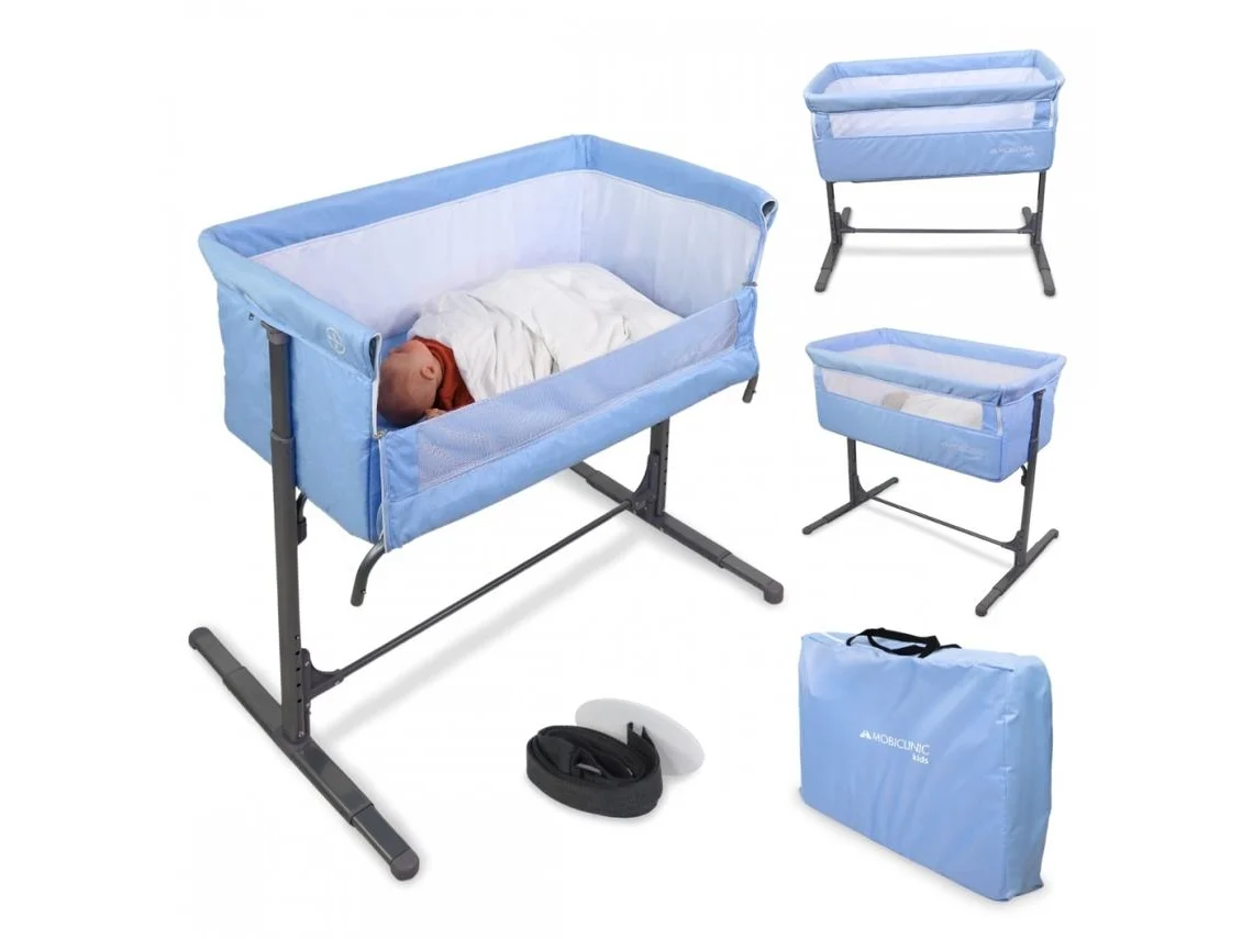 Cuna Colecho MOBICLINIC Moon de Fijación a la Cama con Altura Ajustable, Apertura Lateral, Ruedas y Bolsa de Transporte (Azul Claro)