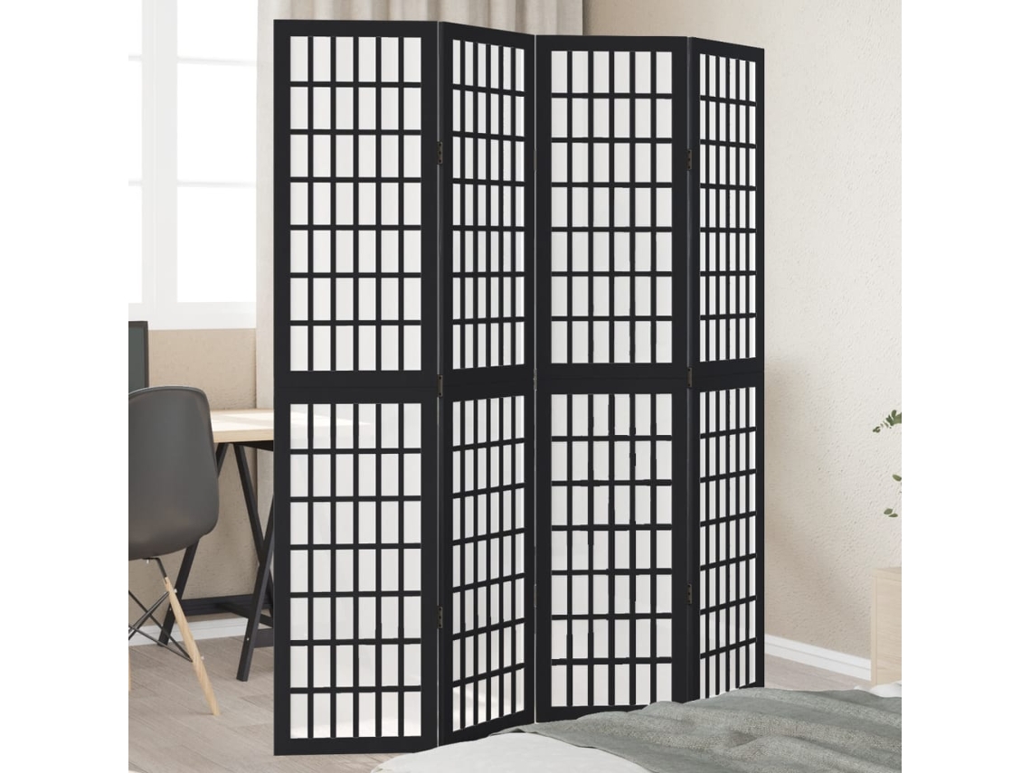 Biombo de 4 paneles de madera maciza de paulownia, color negro, Wsd490755 Lovely Home