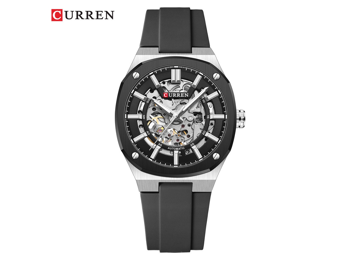 (correa Negra, Caja Y Cara Plateadas) Reloj Mecánico Automático De Hombre Con Esquinas Perforadas Y Transparente, Resistente Al Agua, Deportivo Y Casual