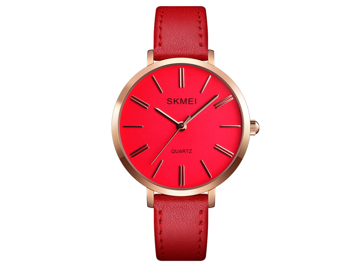 Reloj De Pulsera De Cuarzo Para Mujer Con Correa De Cuero Sintético Rojo, Informal, Moderno Y Elegante.