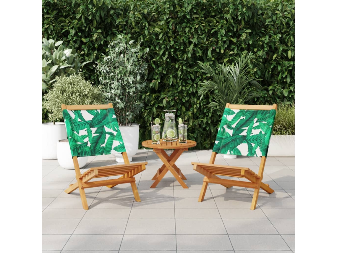 Juego de 2 sillas de jardín | Sillas de exterior de madera maciza de acacia con tapizado de tela con estampado de hojas
