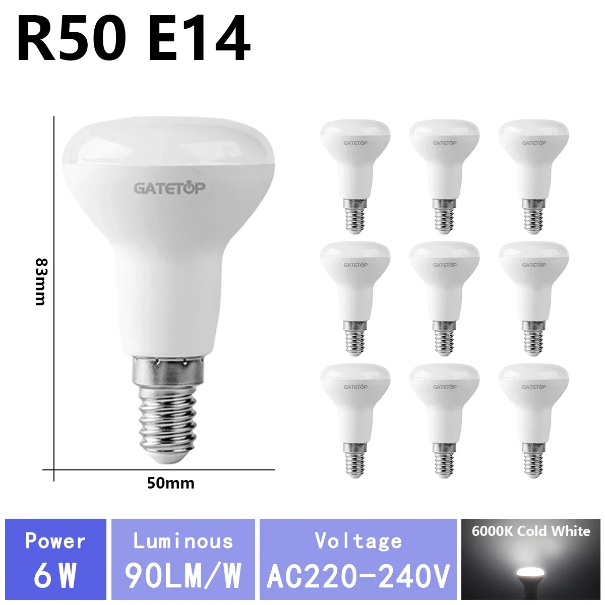 (r50 6000k, Ac220v-240v) 10 Bombillas Led De Alto Brillo, Aptas Para Iluminación De Baño, Sin Parpadeo, Para Uso Doméstico.