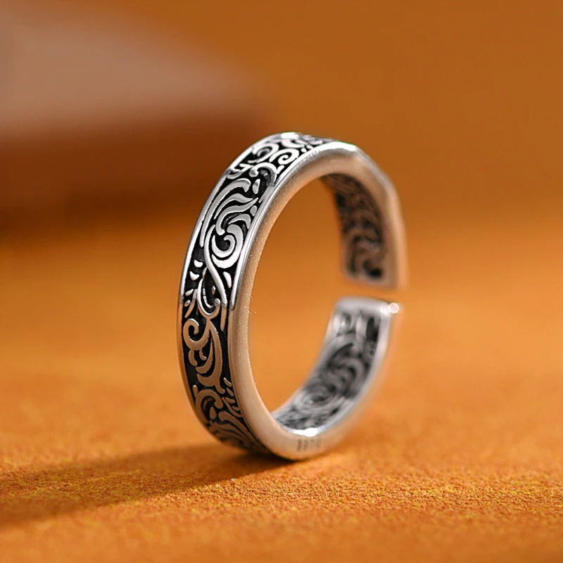 Anillo Para Hombre, Diseño Vintage Chino Tang Con Motivos De Hierba, Estilo Francés Clásico, Ajustable Para El Dedo Índice.