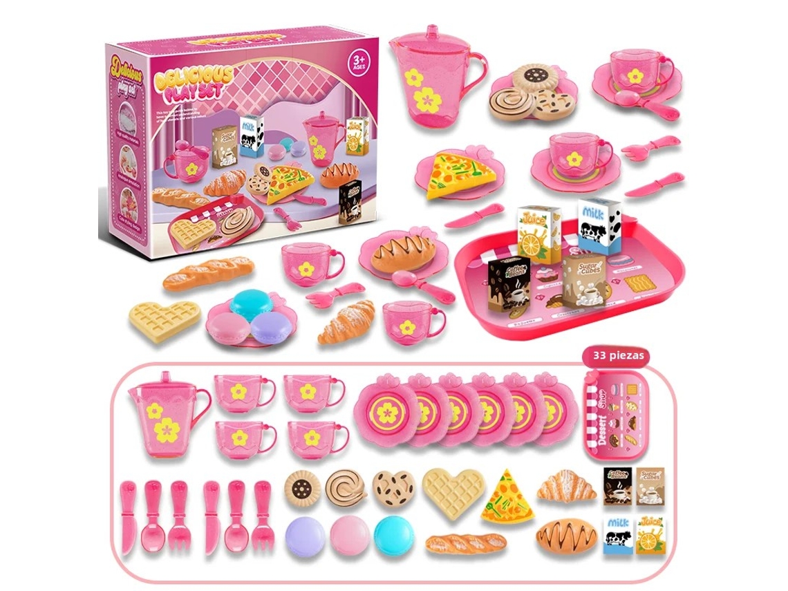 Juego De Juguetes Para Fiesta De Té (33 Piezas Rosa), Fabricado En Plástico, Incluye Postres Y Vajilla.