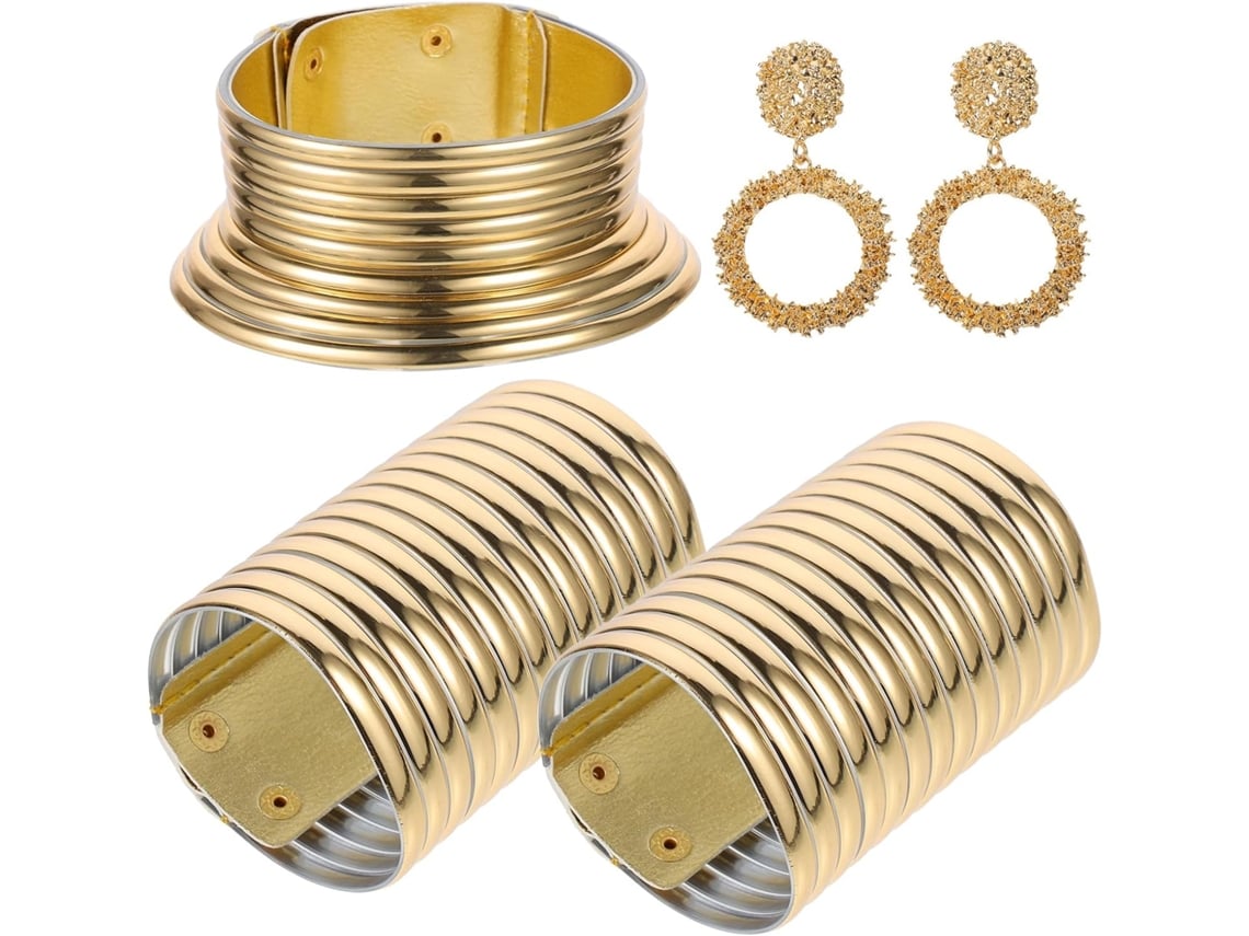 Conjunto De Joias Femininas De 5 Peças Em Metal Dourado: Colares, Pulseiras E Brincos Extravagantes.