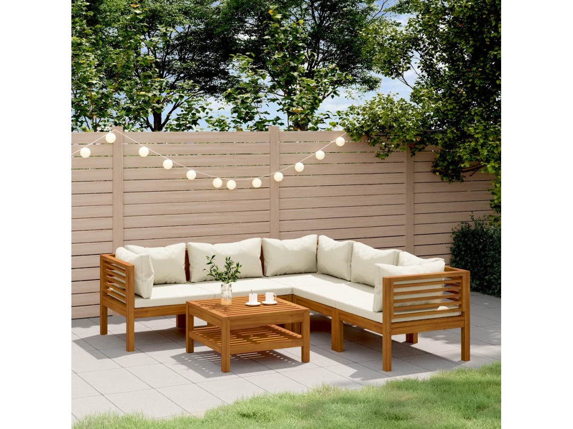 6 Piezas Conjunto Lounge Jardim C/ Almofadões Creme Acácia Maciça Dkd Decoración Del Hogar