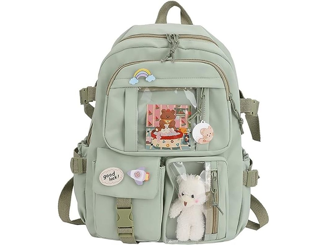Mochila Escolar Kawaii Con Pins Y Accesorios Oso, Gran Capacidad, Multi Bolsillos (verde)