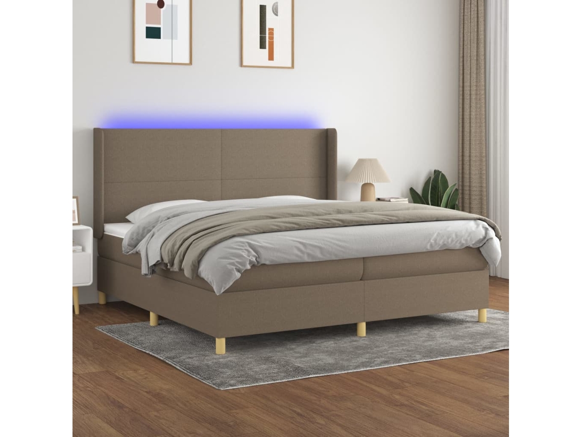 Cama Box Spring Colchón Y Luces Led Tela Gris Taupe 200x200 Cm