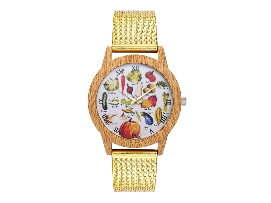 Reloj De Pulsera Unisex Casual Empresarial Con Patrón De Verduras Cuarzo Oro