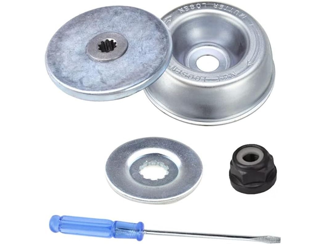 Kit adaptador de cuchillas para cortacésped Rebe-kit Linjou con arandela de seguridad, placa de montaje, tuerca, collarín y destornillador.