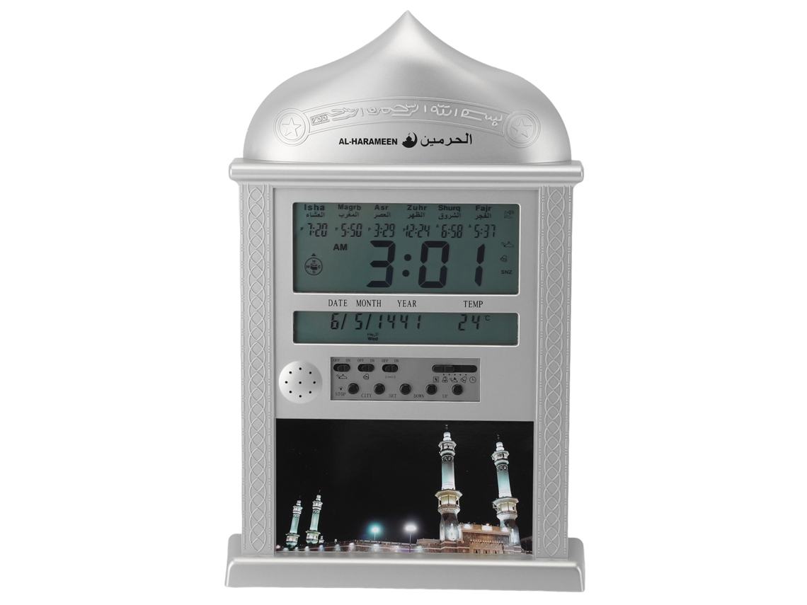 Reloj digital de mezquita Azan con calendario y alarma, plateado