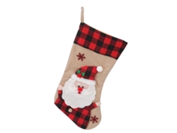 Calcetín navideño con encaje rojo y tela de yute, diseño 3D, para fiestas.
