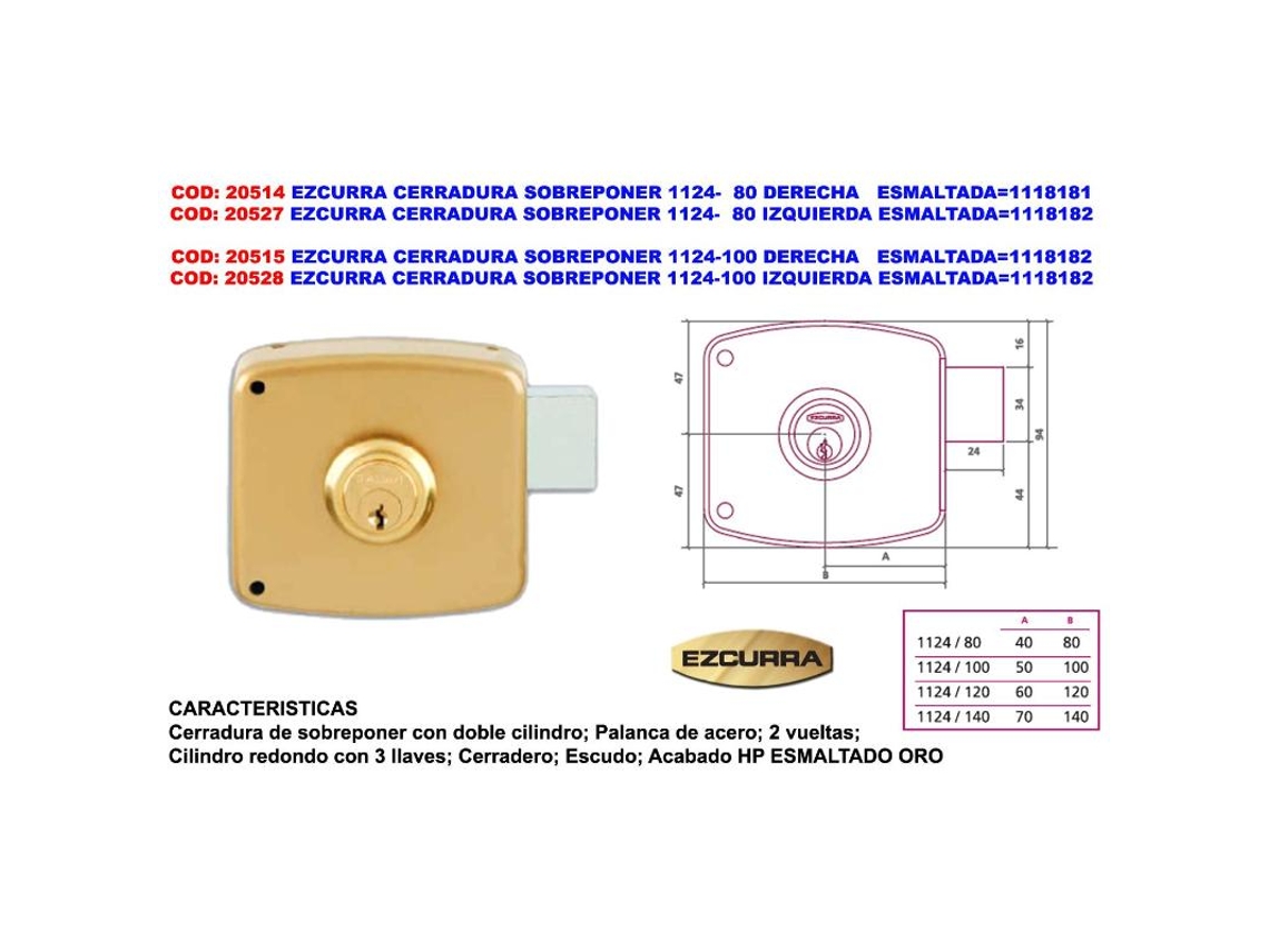 Ezcurra cerradura sobreponer 1124-100 derecha esmaltada 1118111