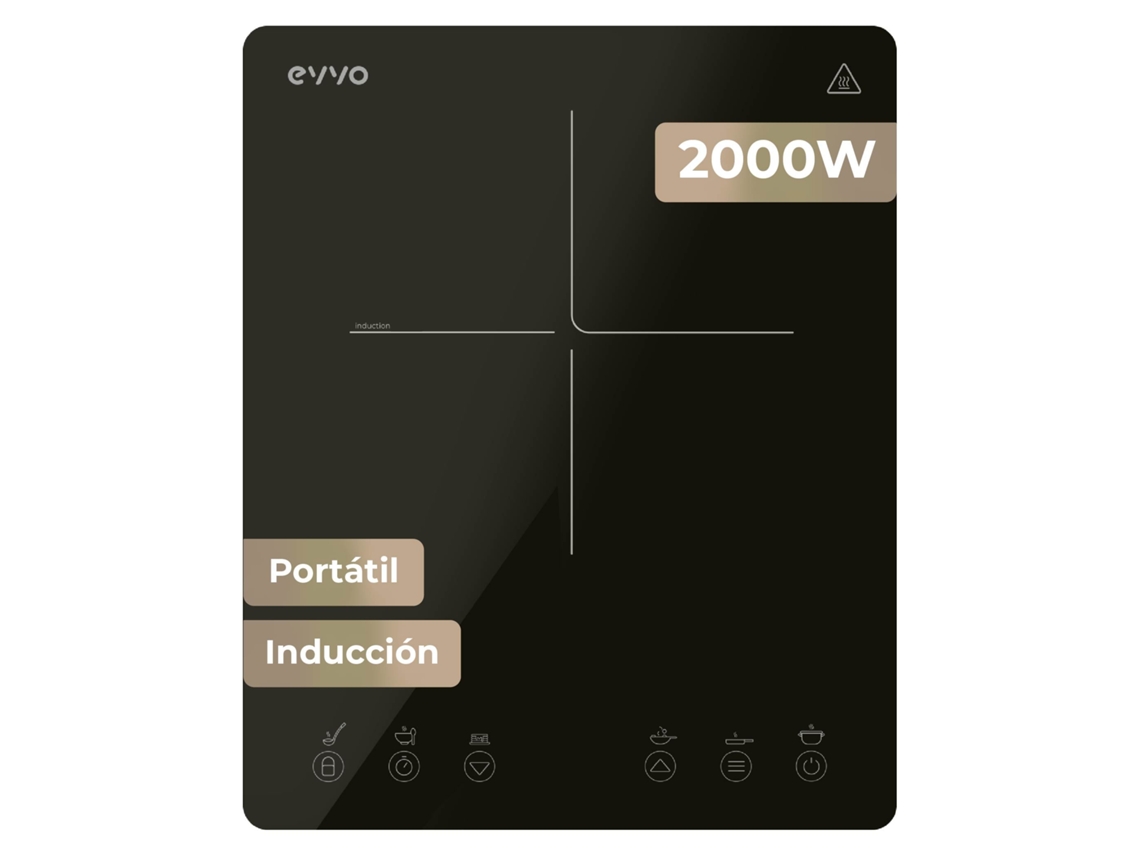 Placa de inducción portátil Evvo V26 Trip, 2000 W, control táctil, ajuste de potencia y temperatura, temporizador.