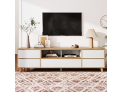 Mueble de TV de 175 cm con 5 Puertas y 2 Compartimentos, Estilo Contemporáneo, Color Natural y Blanco
