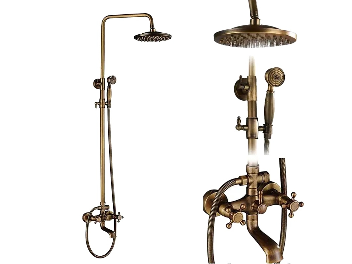 Kit de ducha de latón antiguo, diseño de doble manija, funcionalidad de altura ajustable, latón antiguo C