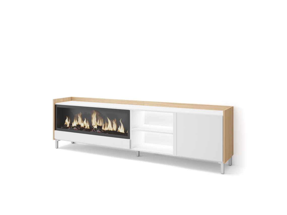 Mueble para TV, 212x35x61cm, para televisores de hasta 80'', chimenea eléctrica XXL, diseño industrial, LED, blanco y roble claro.