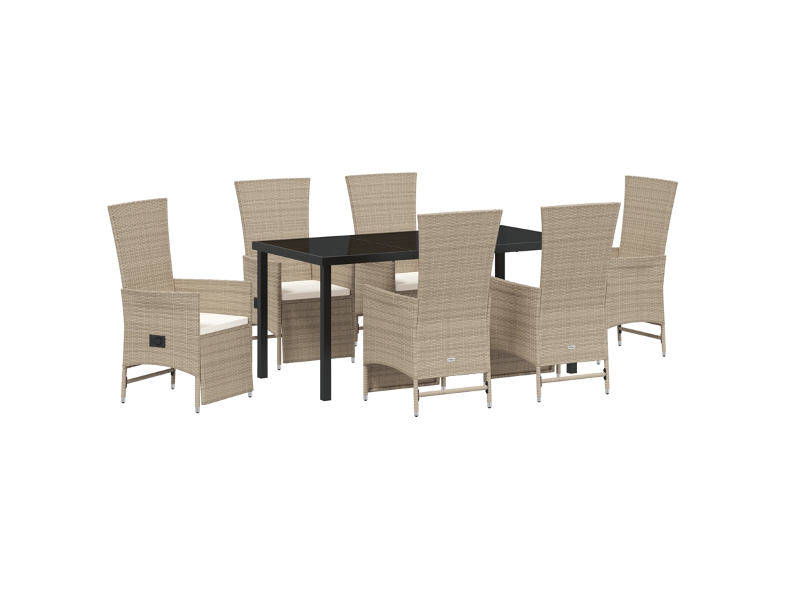 Conjunto de comedor de jardín Vidaxl de 7 piezas con cojines, beige, ratán y poliéster