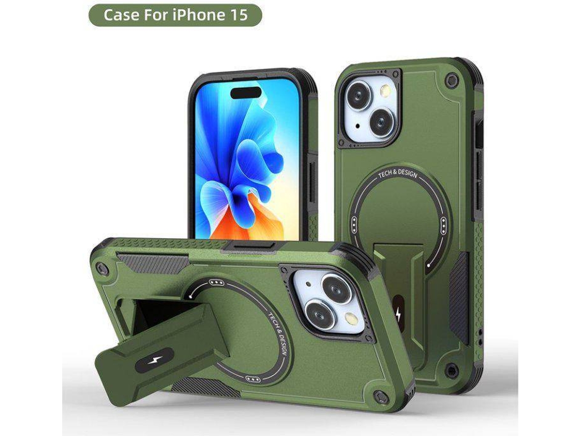 Funda Magsafe Iphone 15 Con Soporte, Carga Inalámbrica, Protección Antigolpes, Doble Capa Pctpu Y Esquinas Reforzadas
