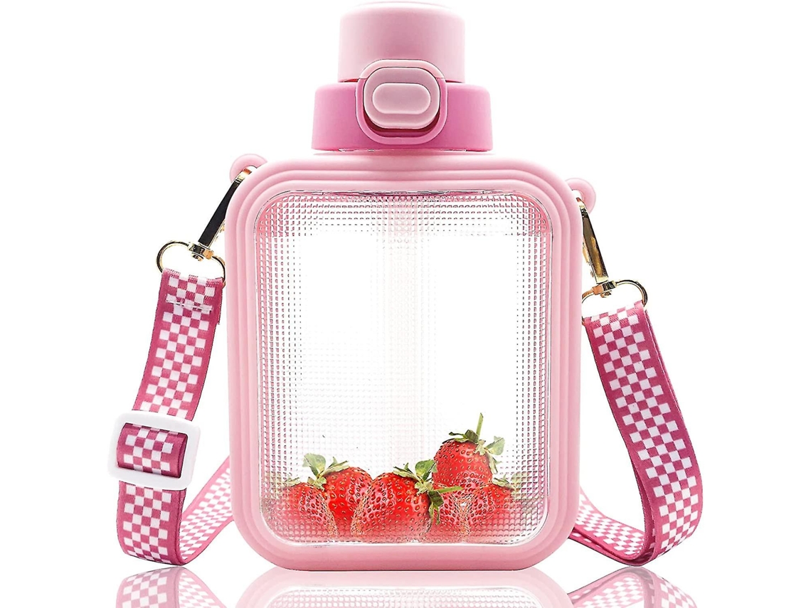 Botella De Agua Cuadrada Kawaii Con Pajita Y Asa Ajustable, Botella De Agua Deportiva Portátil Con Adhesivo De Dibujo Animado. Rosewell