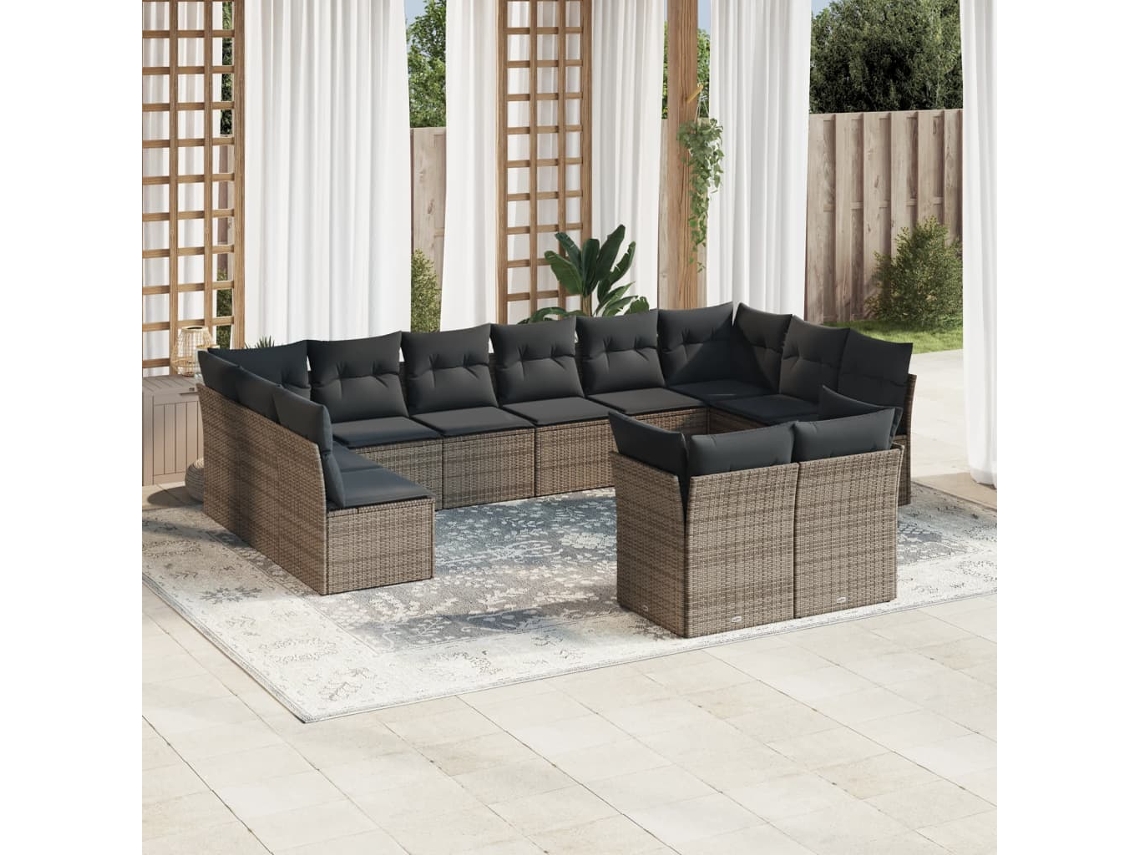 12 Piezas Conjunto De Sofa Jardim C/ Almofadões Vime Pe Cinza Dkd Home Decor