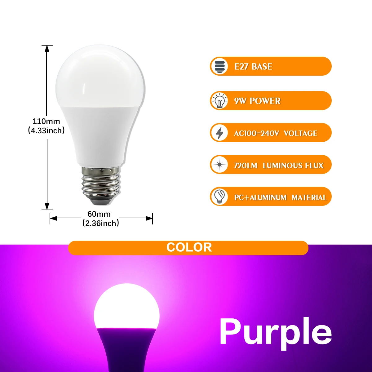 Bombillas Led De 9w (e27 Morado, 2 Unidades), Luces De Decoración Para El Hogar