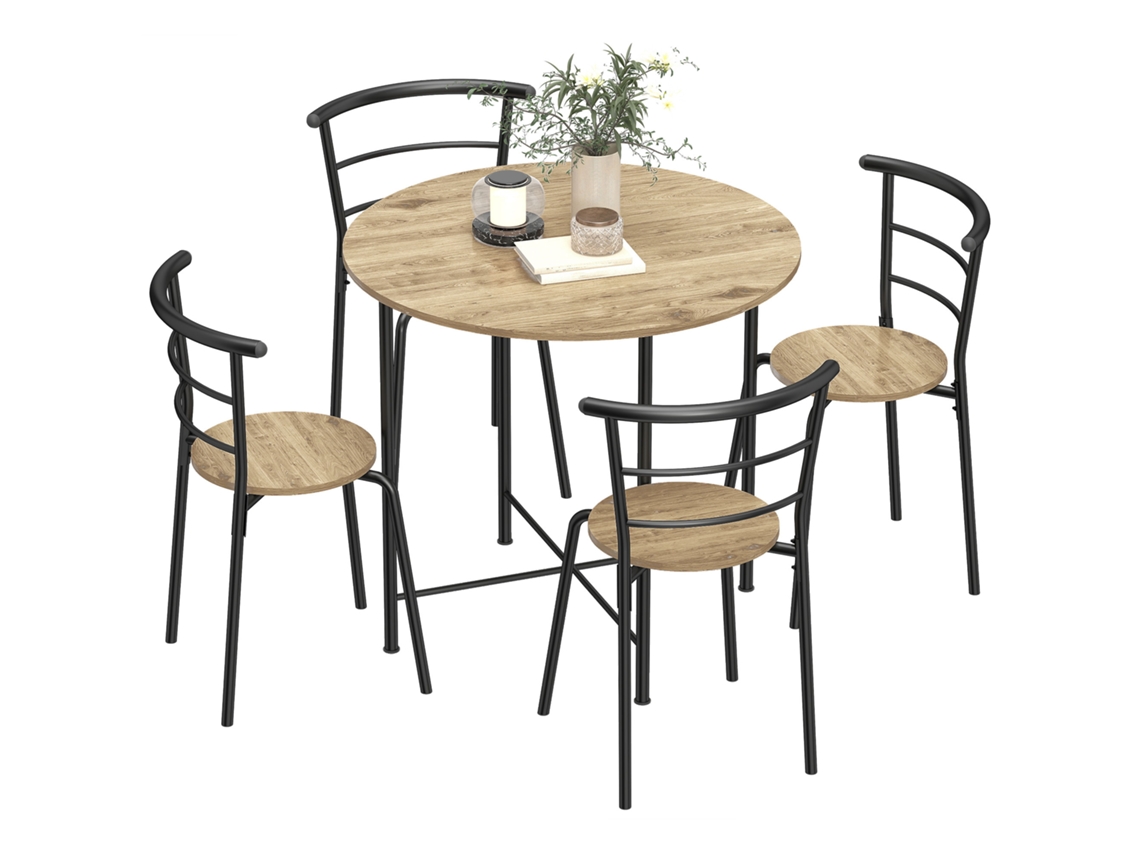 Conjunto Mesa Jantar Redonda Industrial 4 Cadeiras Estrutura Metálica Espaços Pequenos Natural